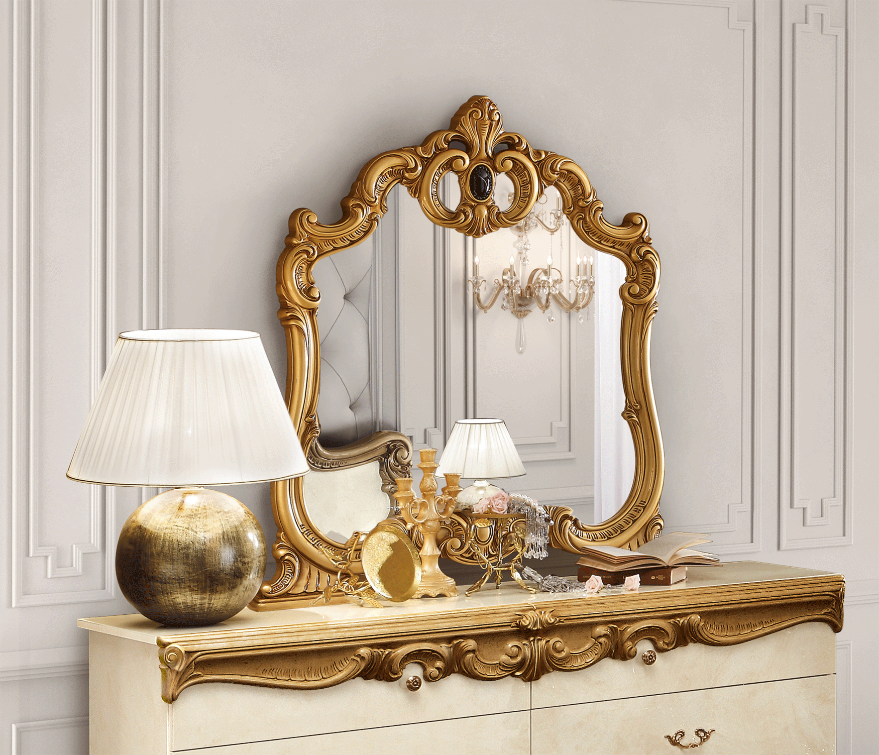 Bedroom Furniture Beds Barocco Ivory/Gold mirror