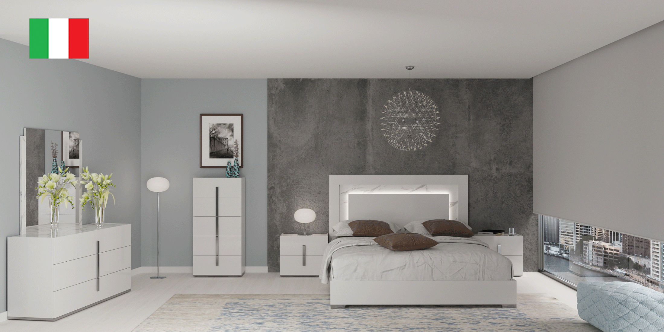 Bedroom Furniture Beds Carrara White Bedroom w/Light