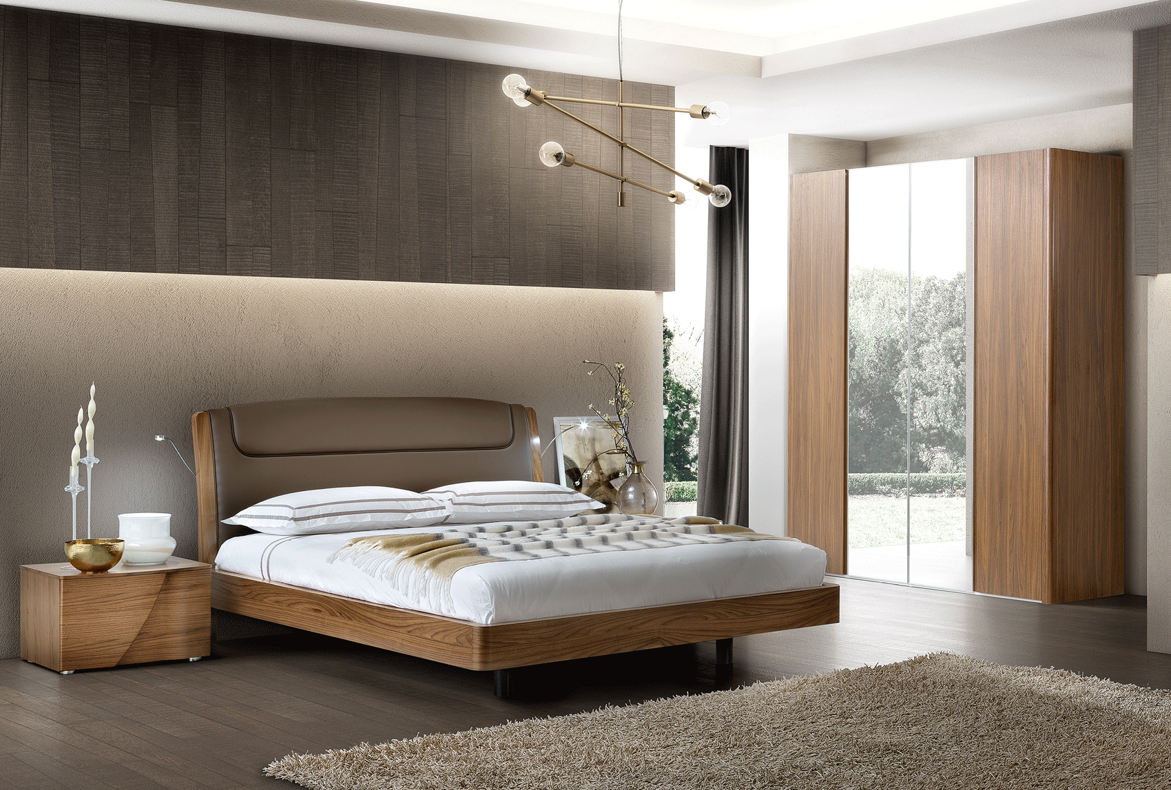Brands Camel Modum Collection, Italy Luna QS Bedroom Set **Dark Headboard (QS Upholstered Bed, 2xNight Stand, Dressing Table, Mirror)
