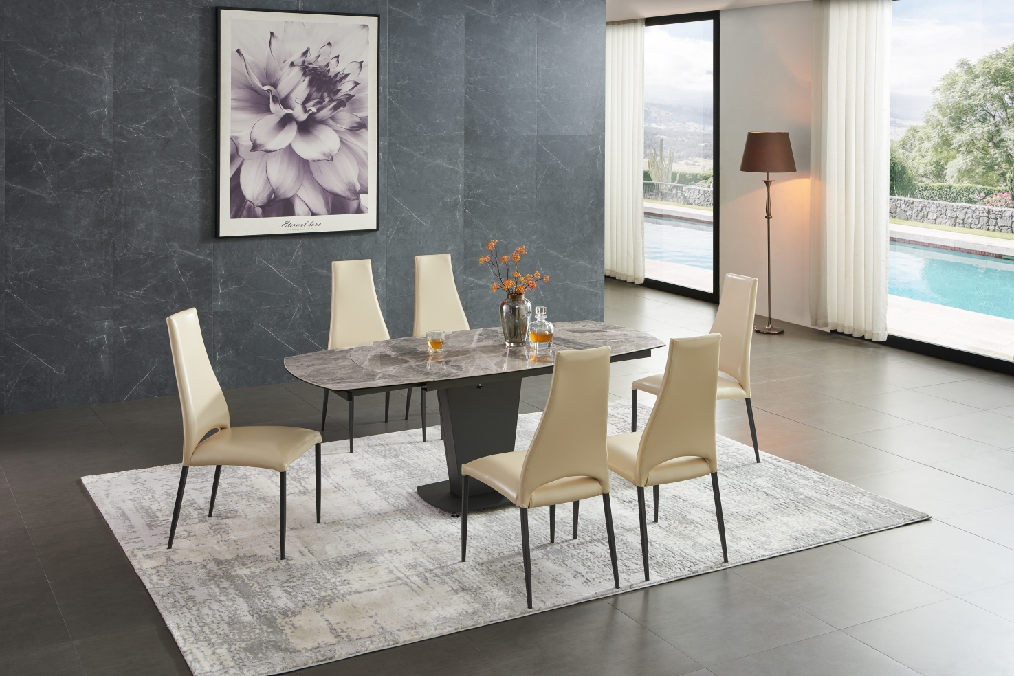 Dining Room Furniture Kitchen Tables and Chairs Sets 2417 Marble Table Grey with 3405 Chairs Cream