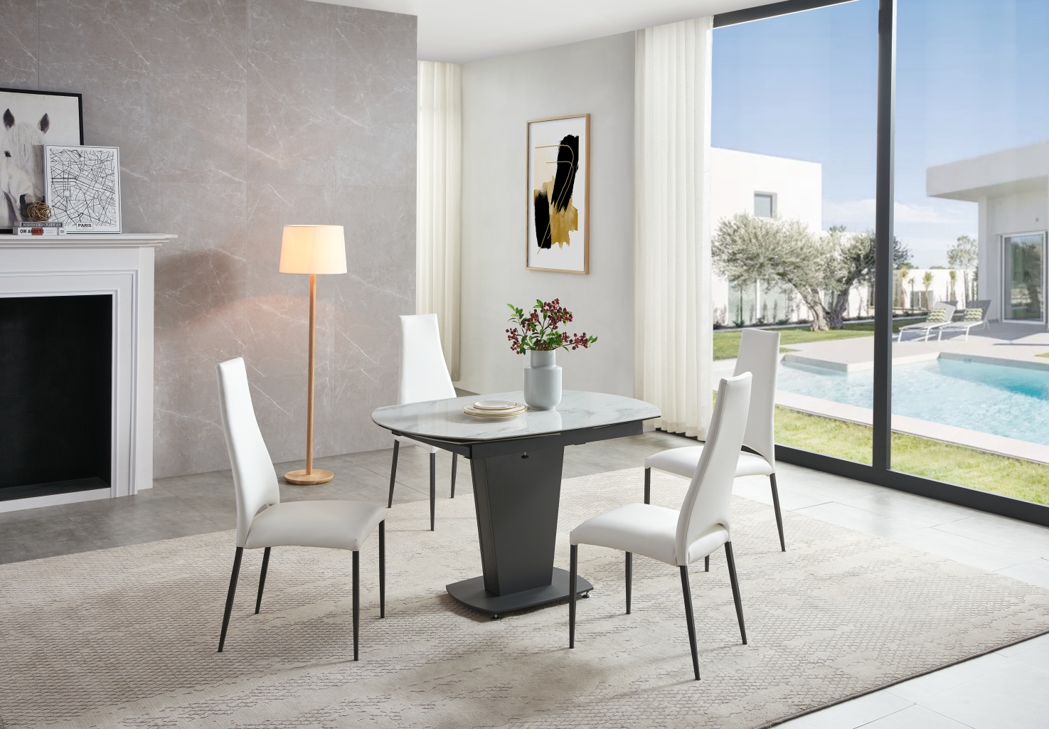 Clearance Dining Room 2417 Marble Table White with 3405 White Chairs
