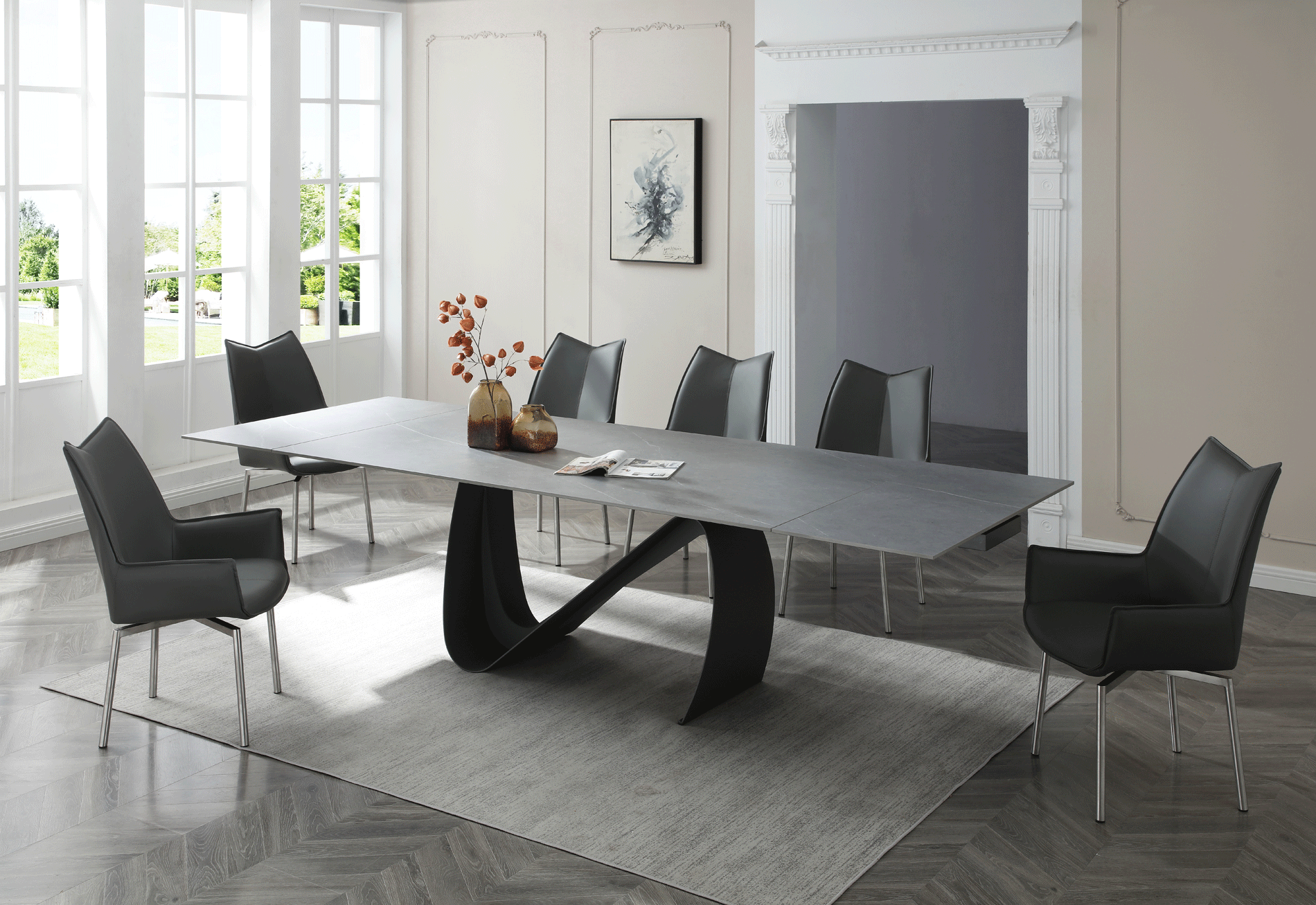 Clearance Dining Room 9087 Table Dark grey with 1218 swivel dark grey chair