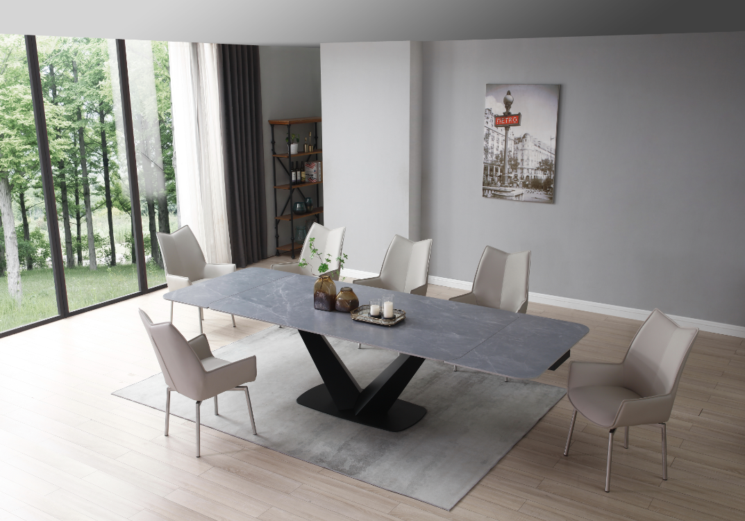 Clearance Dining Room 9436 Dining Table with 1218 swivel grey taupe chairs