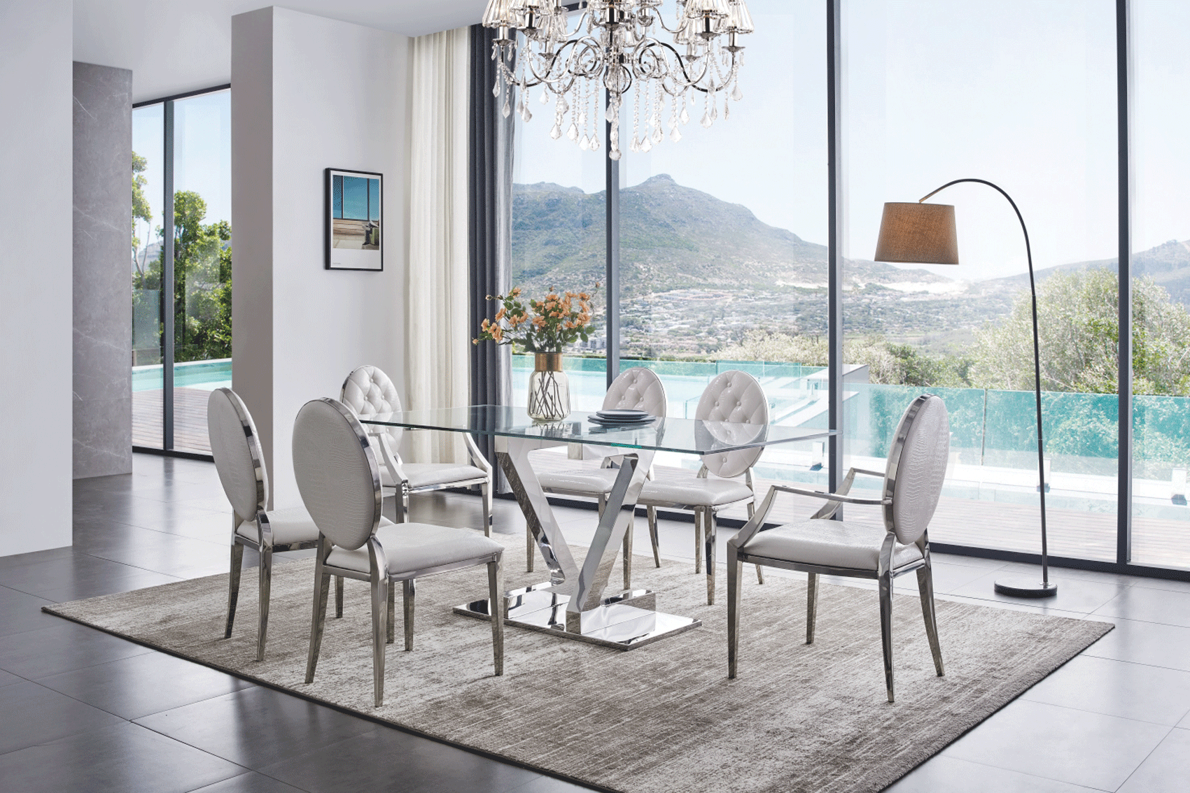 Living Room Furniture Coffee and End Tables Zig Zag Dining Table with 110 White Chairs