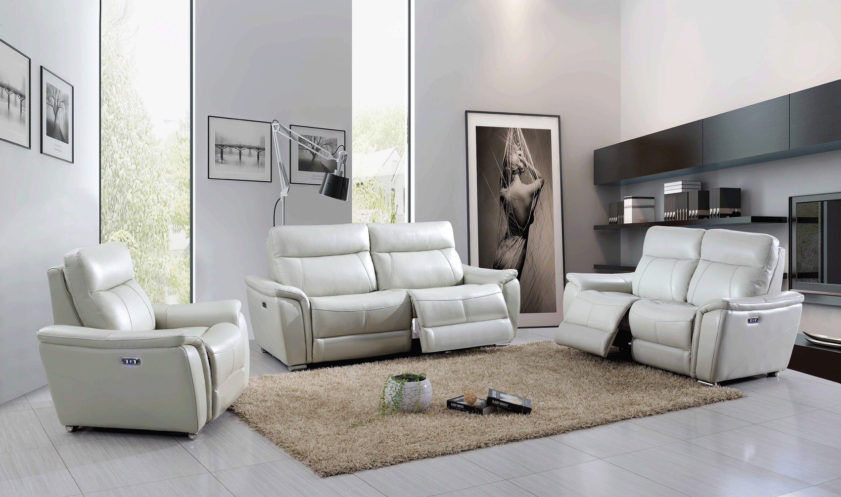 Living Room Furniture Reclining and Sliding Seats Sets 1705 Light-Grey with Electric Recliners